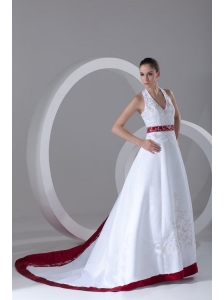 A-Line Halter Embroidery Lace Up Wedding Dress with Satin Chapel Train