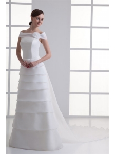 A-Line Off The Shoulder Organza Wedding Dress with Watteau Train