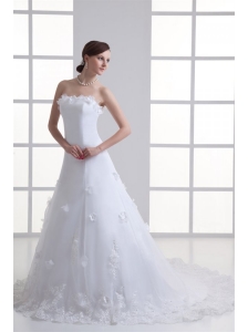 A-line Strapless Appliques Lace Court Train Wedding Dress