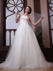 A-Line Strapless Beading Tulle and Organza Zipper Up Wedding Dress