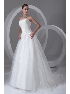 A-line Strapless Ruching Brush Train Organza Wedding Dress