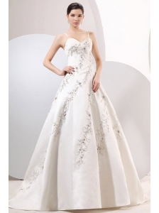 A-Line Straps Embroidery Satin Wedding Dress with Zipper-up