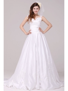 A-Line Straps Embroidery Taffeta Wedding Dress with Brush Train