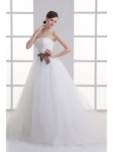 A-line Sweetheart Sash Ruching Tulle Wedding Dress
