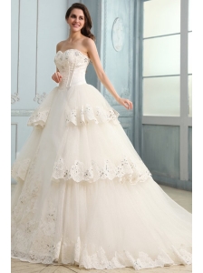 A-Line Sweetheart Taffeta and Tulle Appliques Lace Wedding Dress
