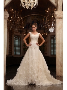 A-Line V-Neck Court Train Ruching Zipper Up Tulle Wedding Dress