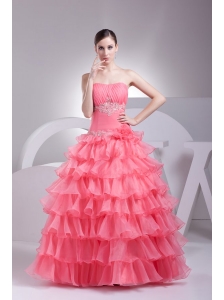 Appliques and Ruffles Layered Strapless Watermelon Quinceanera Dress