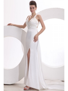 Column Halter Beading Taffeta Wedding Dress with Court Train