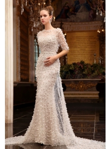 Column High Neck Zipper Up Tulle Wedding Dress with Half Sleeves