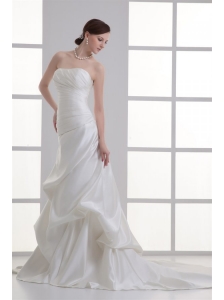 Column Strapless Pick-ups Ruching Satin Court Train Wedding Dress