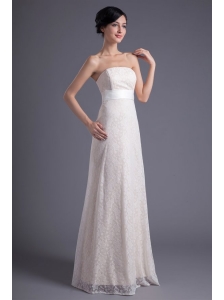 Column Strapless White Lace Belt Floor-length Wedding Dress