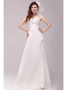 Column Straps Embroidery Taffeta Wedding Dress with Court Train