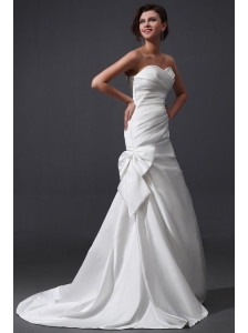 Column Sweetheart Brush Train Bowknot and Ruching Wedding Dress