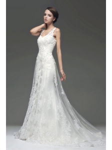 Column V-Neck Appliques Zipper Up Wedding Dress with Court Train
