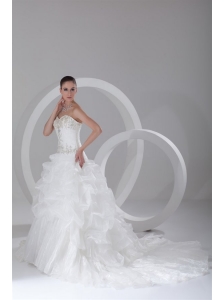 Court Train A-Line Sweetheart Organza Wedding Dress with Embroidery and Pick-ups
