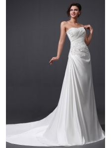 Elegant Column Strapless Ruching and Appliques Wedding Dress with Court Train