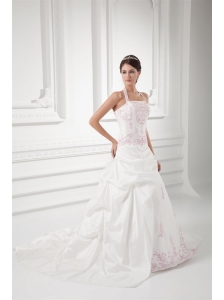 Elegant Halter Top Court Train Wedding Dress with Embroidery and Pick-ups