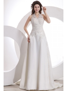 Halter Top Neck Empire Court Train Wedding Dress with Appliques