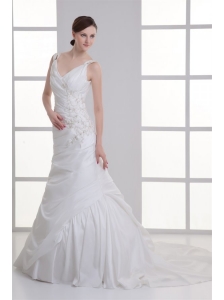 Luxurious Mermaid V-Neck Court Train Taffeta Embroidery Zipper Up Wedding Dress