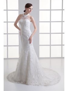 Mermaid Halter Top Lace Court Train Wedding Dress