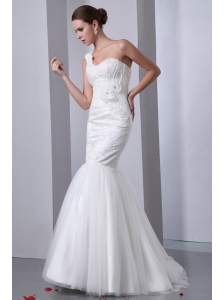 Mermaid One Shoulder Appliques Brush Train Lace Up Tulle Wedding Dress