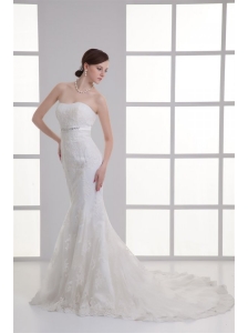 Mermaid Strapless Beading Lace Court Train Wedding Dress