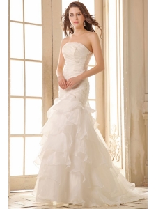 Mermaid Strapless Organza Beaded Decorate Brush Train Wedding Dress