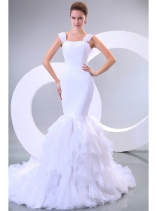 Mermaid Straps Ruffles Organza Chapel Train Wedding Dress