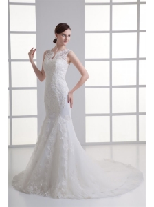 Mermaid V-Neck Lace Appliques Court Train Wedding Dress with Zipper Up
