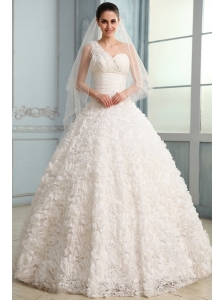 One Shoulder A-line Brush Train Wedding Dress with Beading and Ruffles