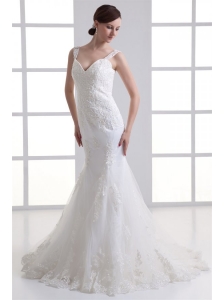 Popular Mermaid Straps Appliques Zipper Up Organza Wedding Dress