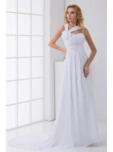 Pretty Empire Asymmetrical Neck Court Train Wedding Dress with Flower
