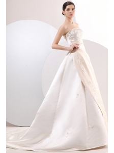 Princess Strapless Court Train Satin Champagne Wedding Dress with Embroidery