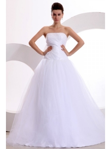 Princess Strapless Ruching Brush Train Tulle Wedding Dress