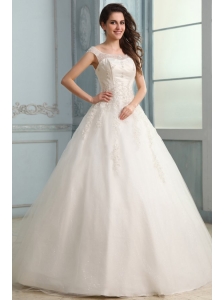 Scoop Ball Gown Appliques and Beading Floor-length Wedding Dress