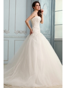 Strapless Appliques Decorate Bodice Sweep Train Wedding Dress