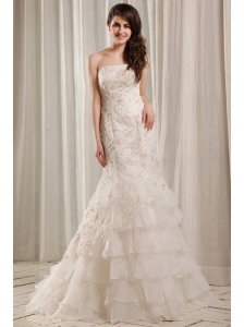 Strapless Mermaid Embroidery and Ruffles Court Train Wedding Dress