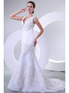 V-neck Mermaid Organza Appliques Wedding Dress for 2014 Spring