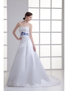 A-line Appliques Strapless Satin Belt Court Train Wedding Dress