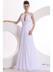 A-line Chiffon Scoop Appliques Sweep Train Wedding Dress