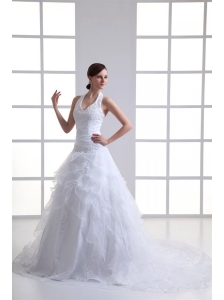 A-line Halter Top Appliques and Ruching Court Train Wedding Dress