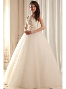 A-line Ivory Halter Top Appliques Floor-length Organza Wedding Dress