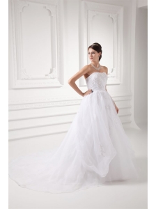 A-line Strapless Appliques Pick-ups Organza Chapel Train Wedding Dress