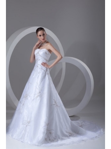 A-line Strapless Embroidery and Beading Court Train Wedding Dress