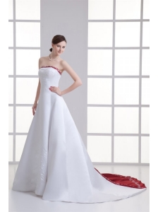 A-line Strapless Embroidery Chapel Train Satin Wedding Dress
