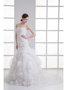 A-line Strapless Hand Made Flowers Pick-ups Appliques Wedding Dress