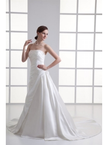 A-line Strapless Ruching Chapel Train Satin Wedding Dress
