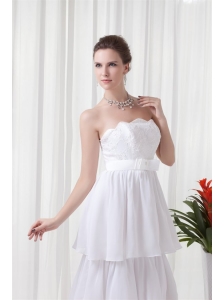 A-line Strapless Ruffled Layers Belt Brush Train Wedding Dress