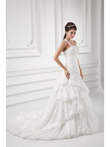 A-line Straps Appliques and Pick-ups Court Train Wedding Dress