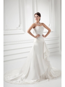 A-line Sweetheart Appliques Ruching Court Train Wedding Dress